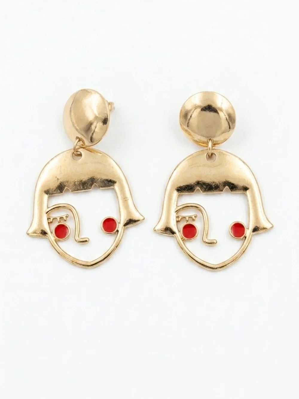 Vintage Abstract Face Dangle Earrings Gold Tone Red Enamel Picasso Line Art
